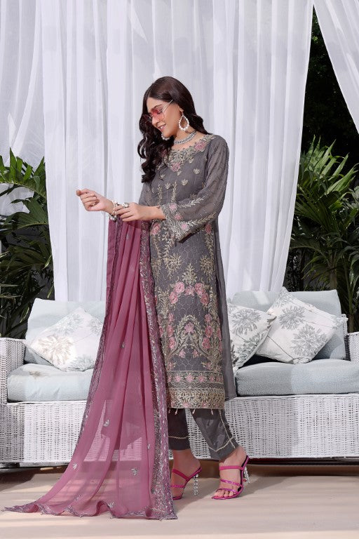 Fancy Chiffon 3 piece suits. Dark Grey Straight shirt contrast chiffon Embroidered Dupatta