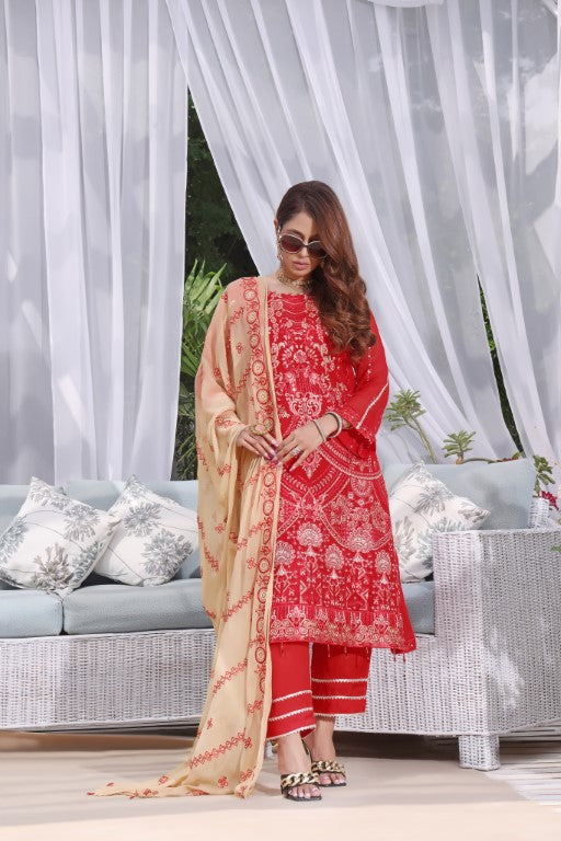 Fancy Chiffon 3 piece suits. Pure Red Embroidered Shirt Contrast Skin jaal Dupatta