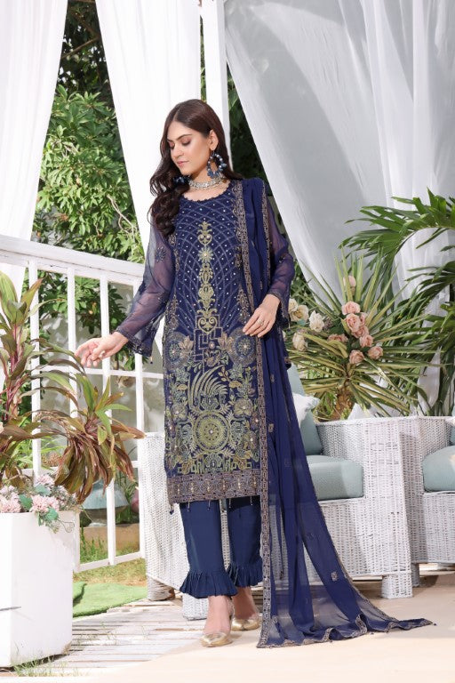 Fancy Chiffon 3 piece suits. Navy Blue shirt with chiffon Embroidered Dupatta.