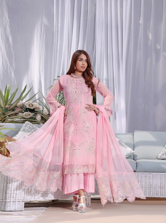 Fancy Chiffon 3 piece suits. Baby Pink Embroidered shirt applic embroidered Dupatta
