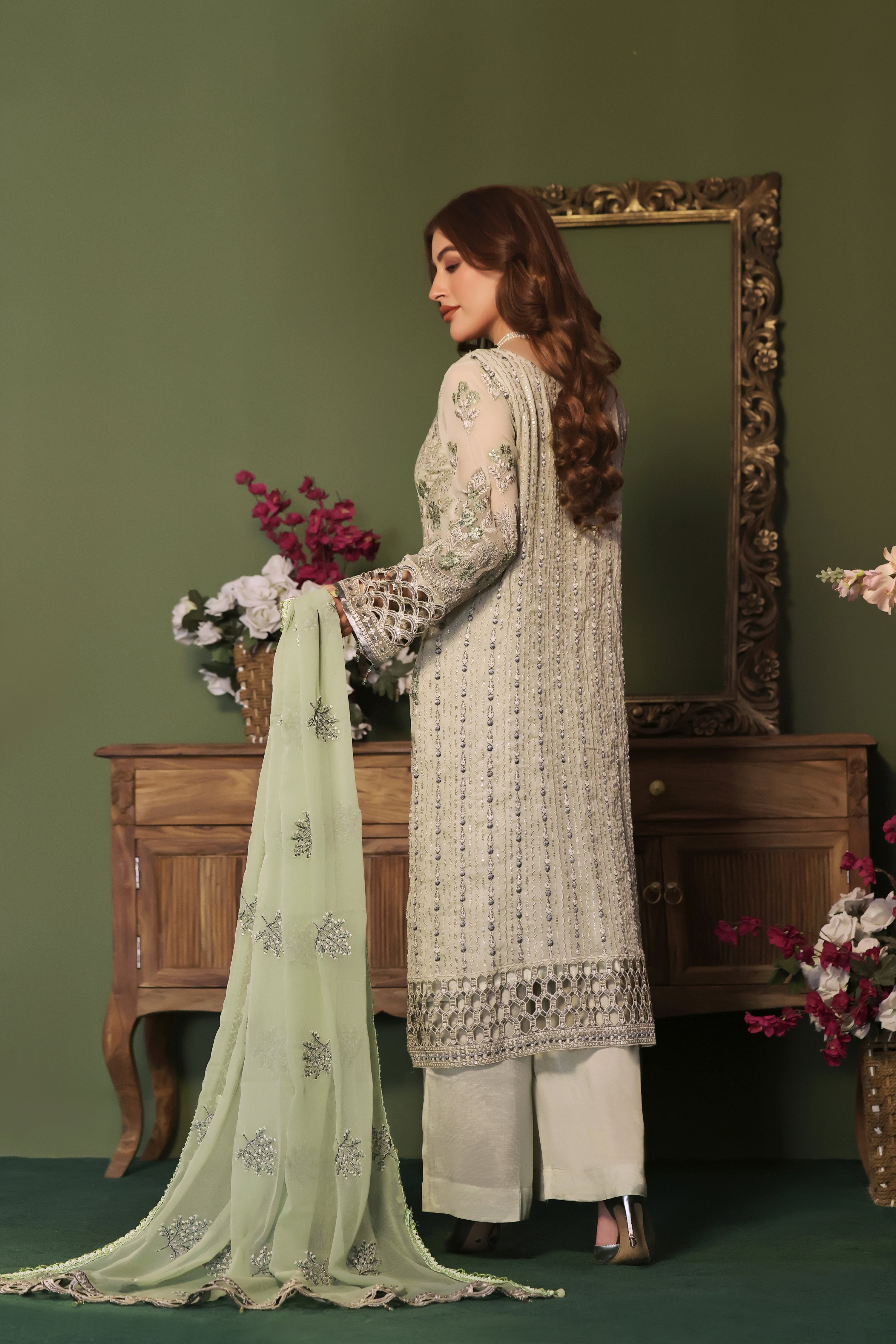 Ivory Skin contrast green Dupatta 3 PIECE - EMBROIDERED Chiffon Suit