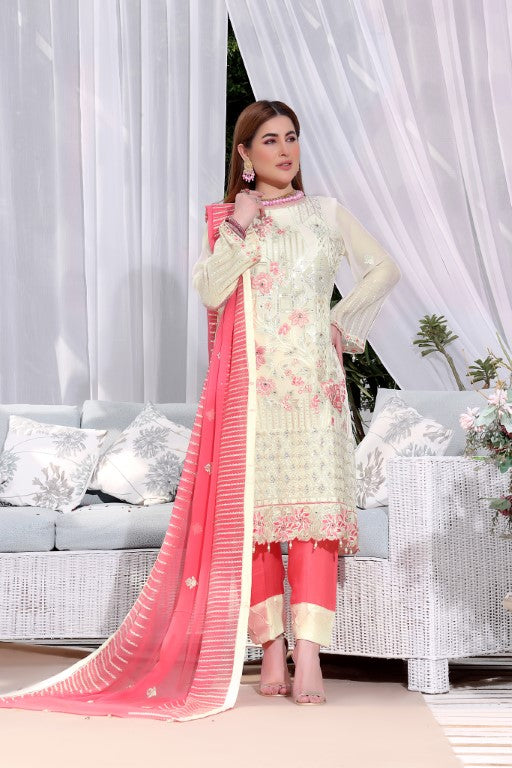 Fancy Chiffon 3 piece suits. Off white Embroidered Suit Contrast Pink Chiffon Dupatta