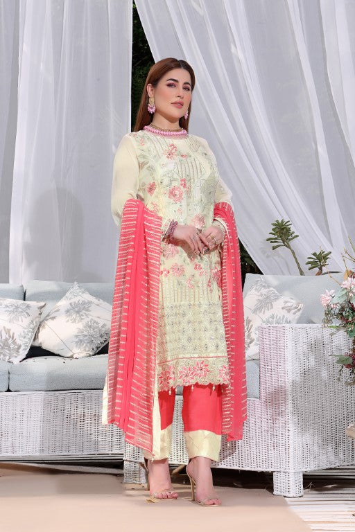 Fancy Chiffon 3 piece suits. Off white Embroidered Suit Contrast Pink Chiffon Dupatta
