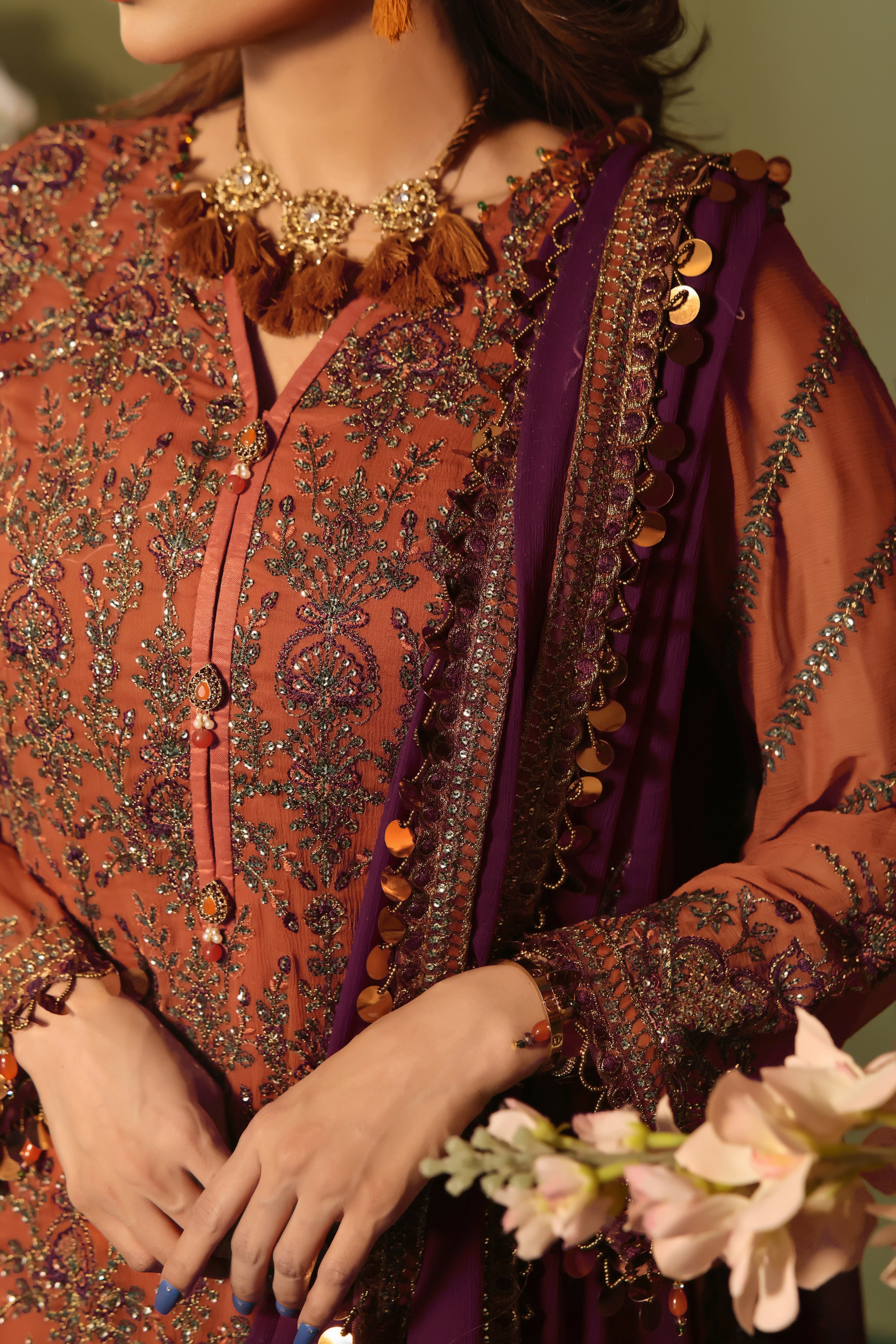 Wild Rust Contrast purple Dupatta 3 PIECE - EMBROIDERED Semi-stitched Chiffon Suit