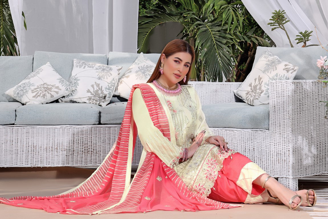 Fancy Chiffon 3 piece suits. Off white Embroidered Suit Contrast Pink Chiffon Dupatta