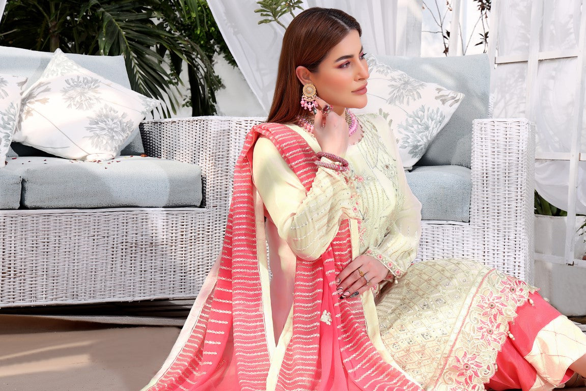 Fancy Chiffon 3 piece suits. Off white Embroidered Suit Contrast Pink Chiffon Dupatta