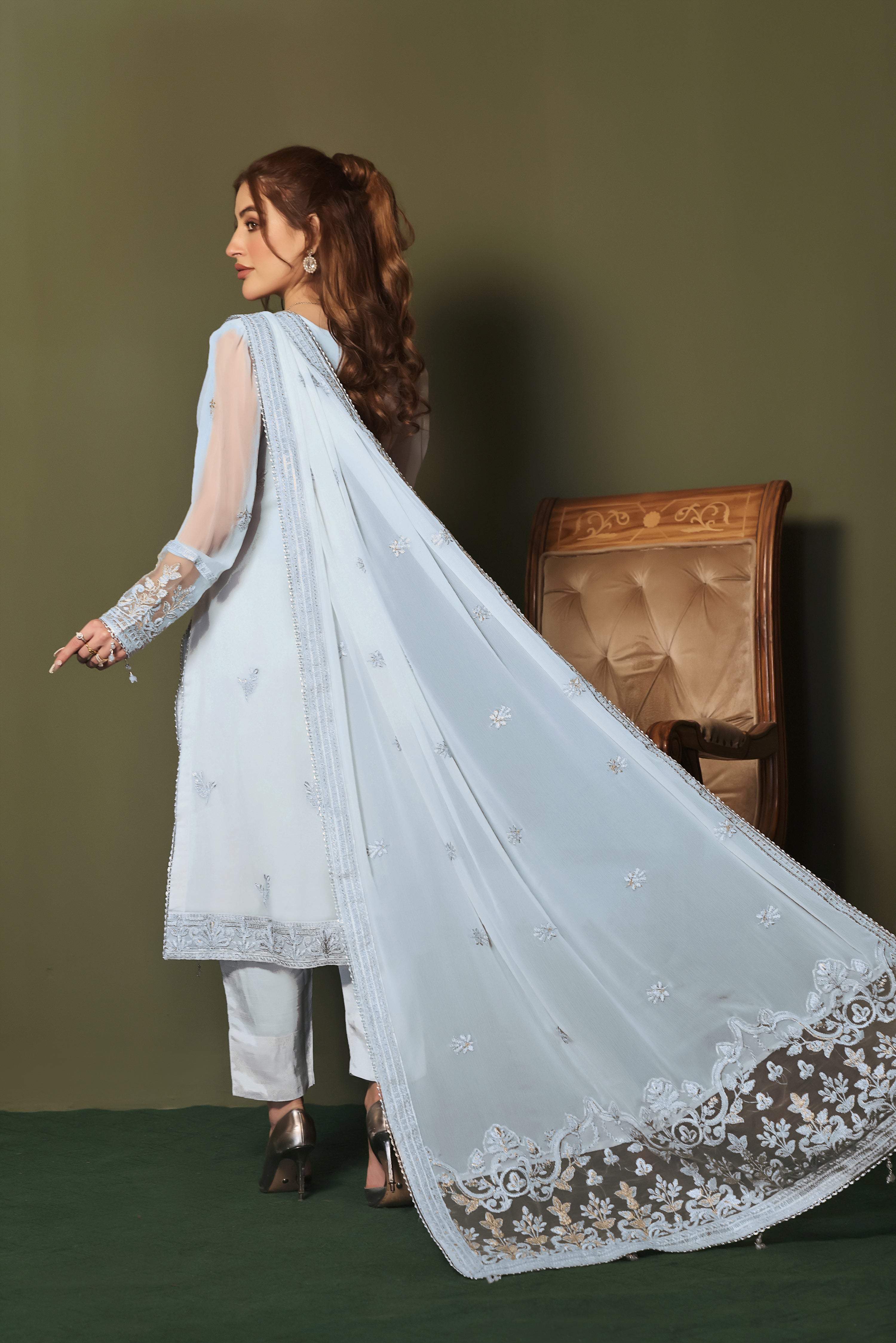 Sky Blue 3 PIECE - EMBROIDERED Semi-stitched Chiffon Suit