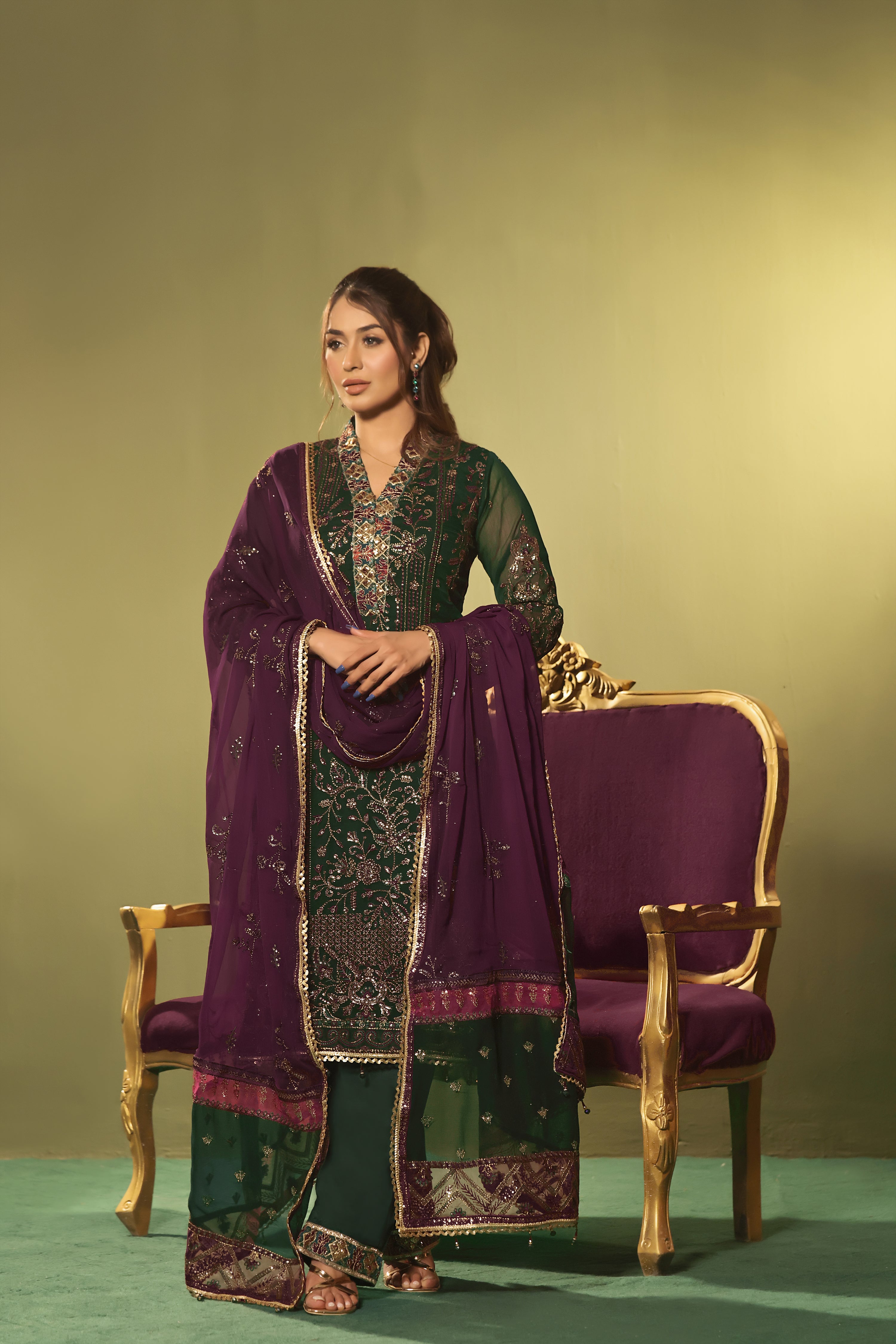 Lindworm Green, contrast purple Dupatta 3 PIECE  Semi-stitched Chiffon Suit