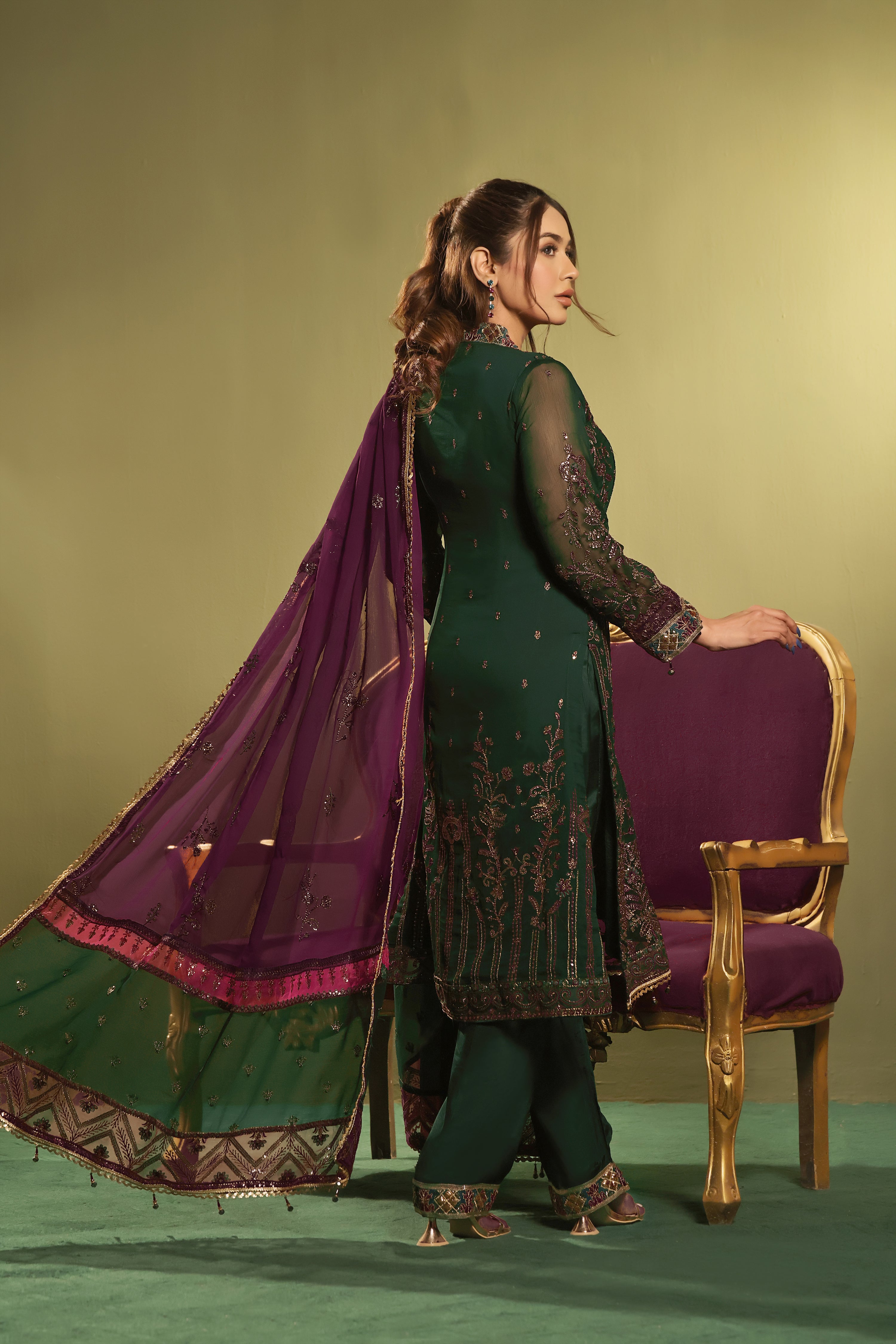 Lindworm Green, contrast purple Dupatta 3 PIECE  Semi-stitched Chiffon Suit