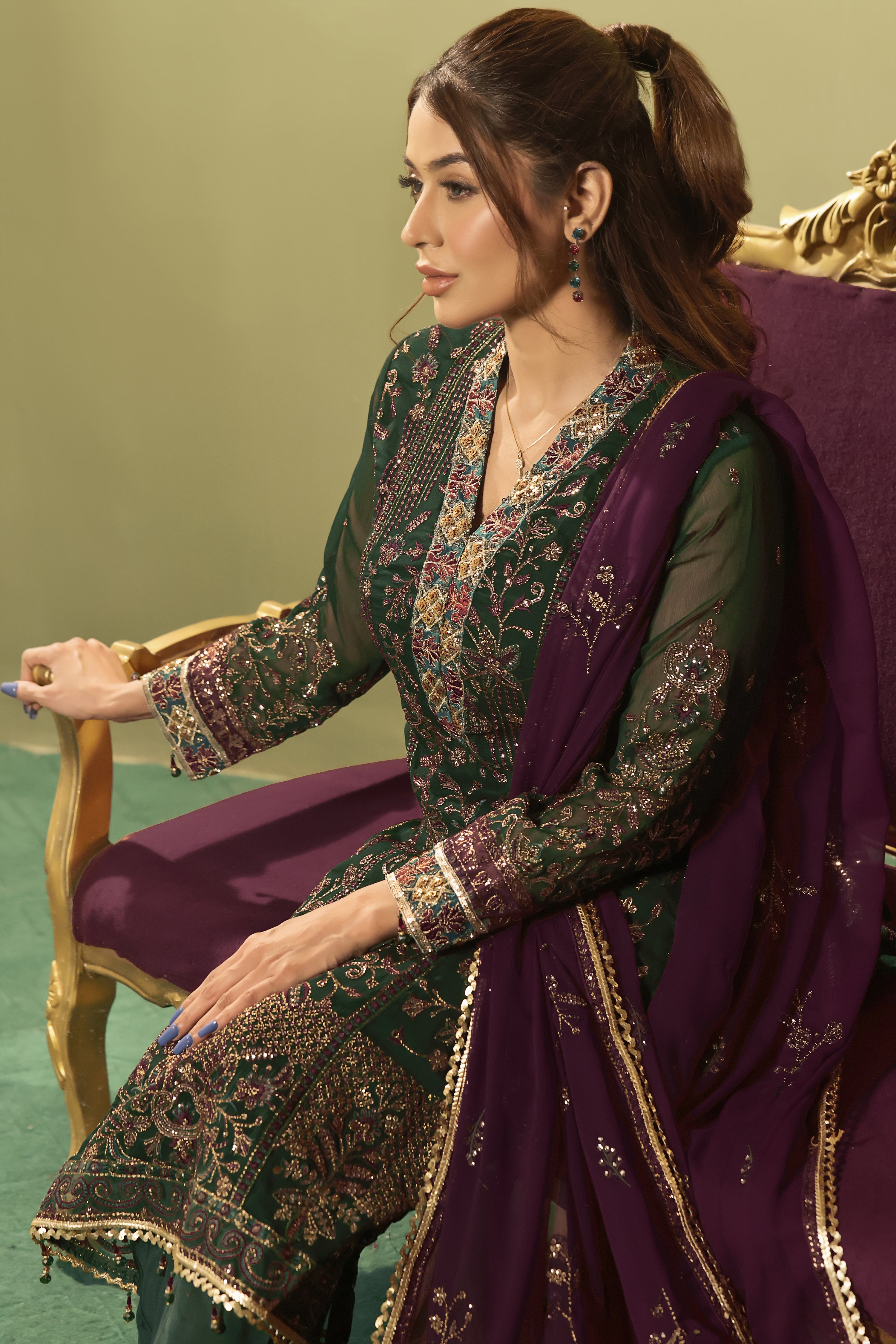 Lindworm Green, contrast purple Dupatta 3 PIECE  Semi-stitched Chiffon Suit