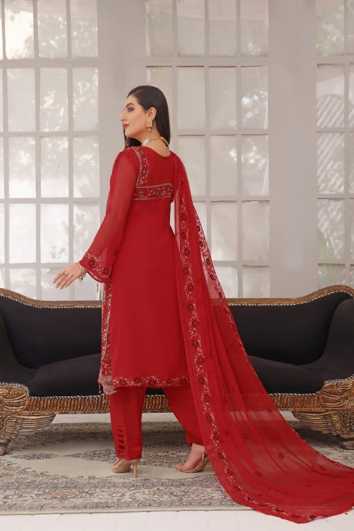 Hot red 3 piece chiffon Embroidered Ladies suit heavy dupatta.