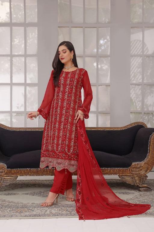 Hot red 3 piece chiffon Embroidered Ladies suit heavy dupatta.