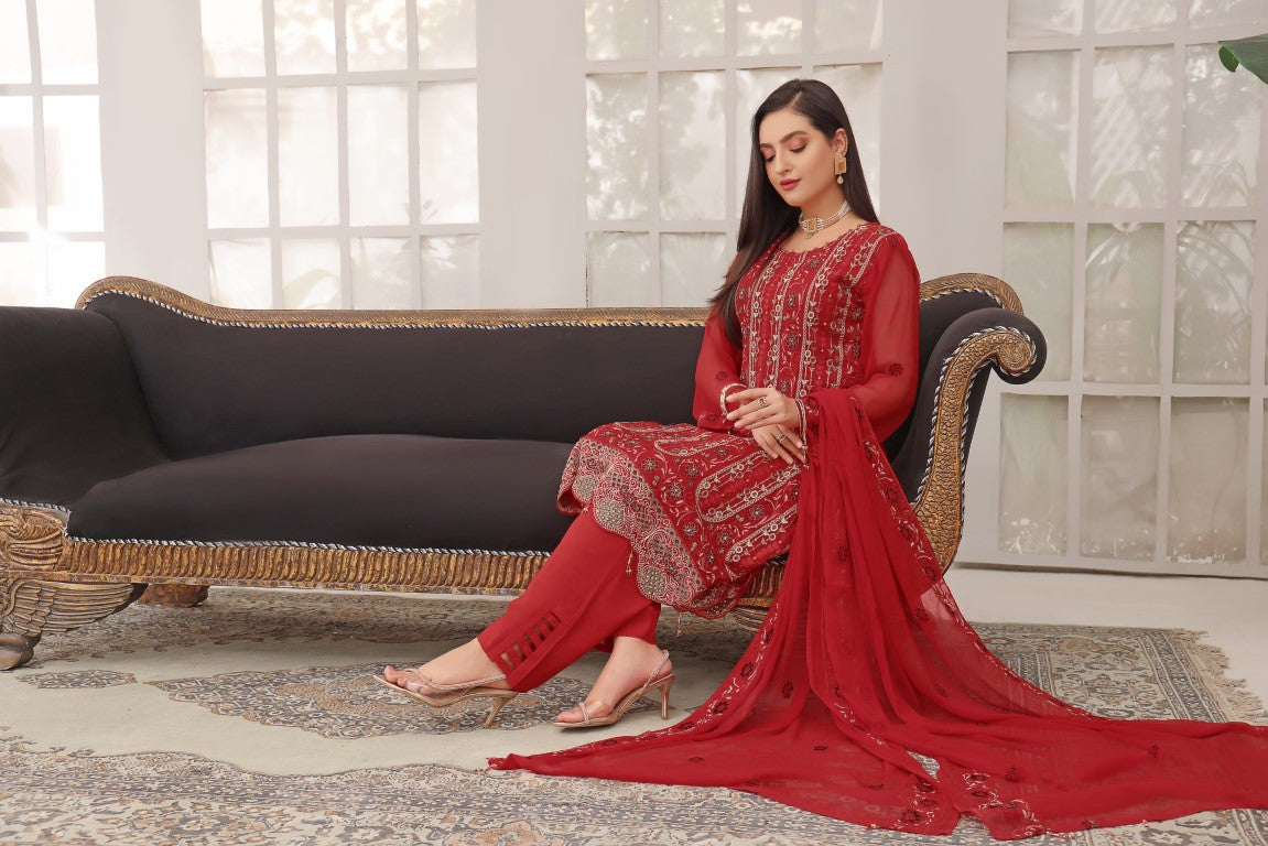 Hot red 3 piece chiffon Embroidered Ladies suit heavy dupatta.