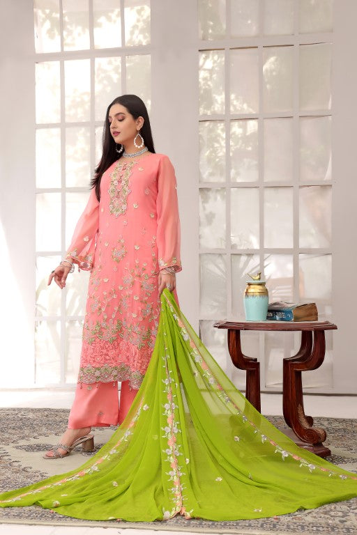 Pretty Pink-Green Contrast 3 piece ladies embroidered suit.