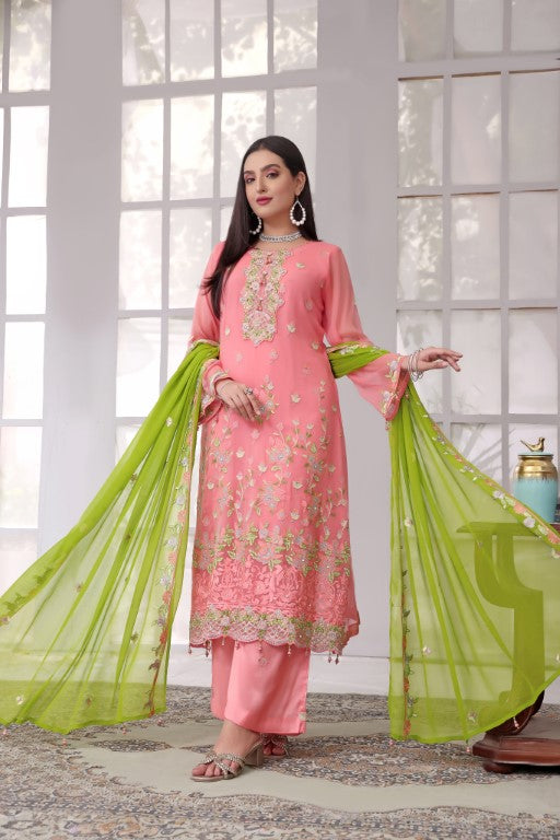 Pretty Pink-Green Contrast 3 piece ladies embroidered suit.