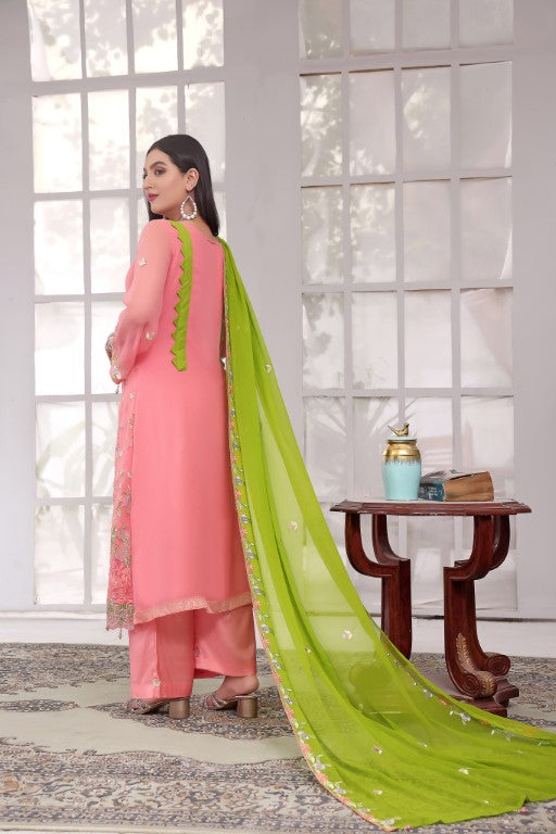 Pretty Pink-Green Contrast 3 piece ladies embroidered suit.