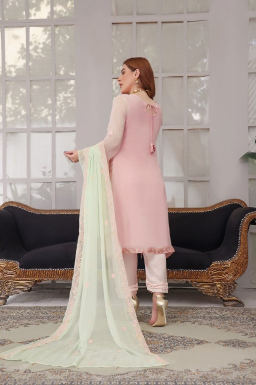 Plush pink elegantly embroidered Semi stitched 3 piece suit with contrast dupatta.