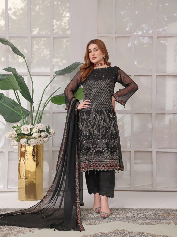 Stunning black fancy 3 piece embroidered chiffon suit.