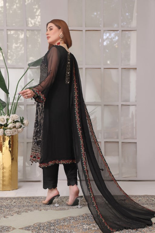 Stunning black fancy 3 piece embroidered chiffon suit.