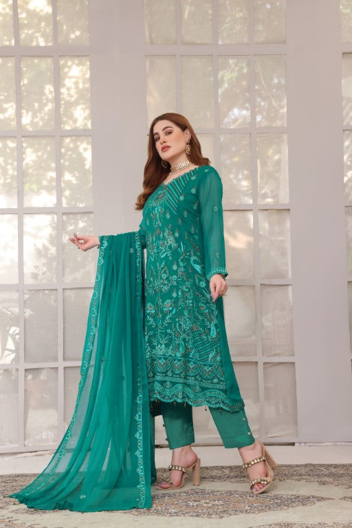 Glamorous green all over Embroidered shirt with heavy dupatta.