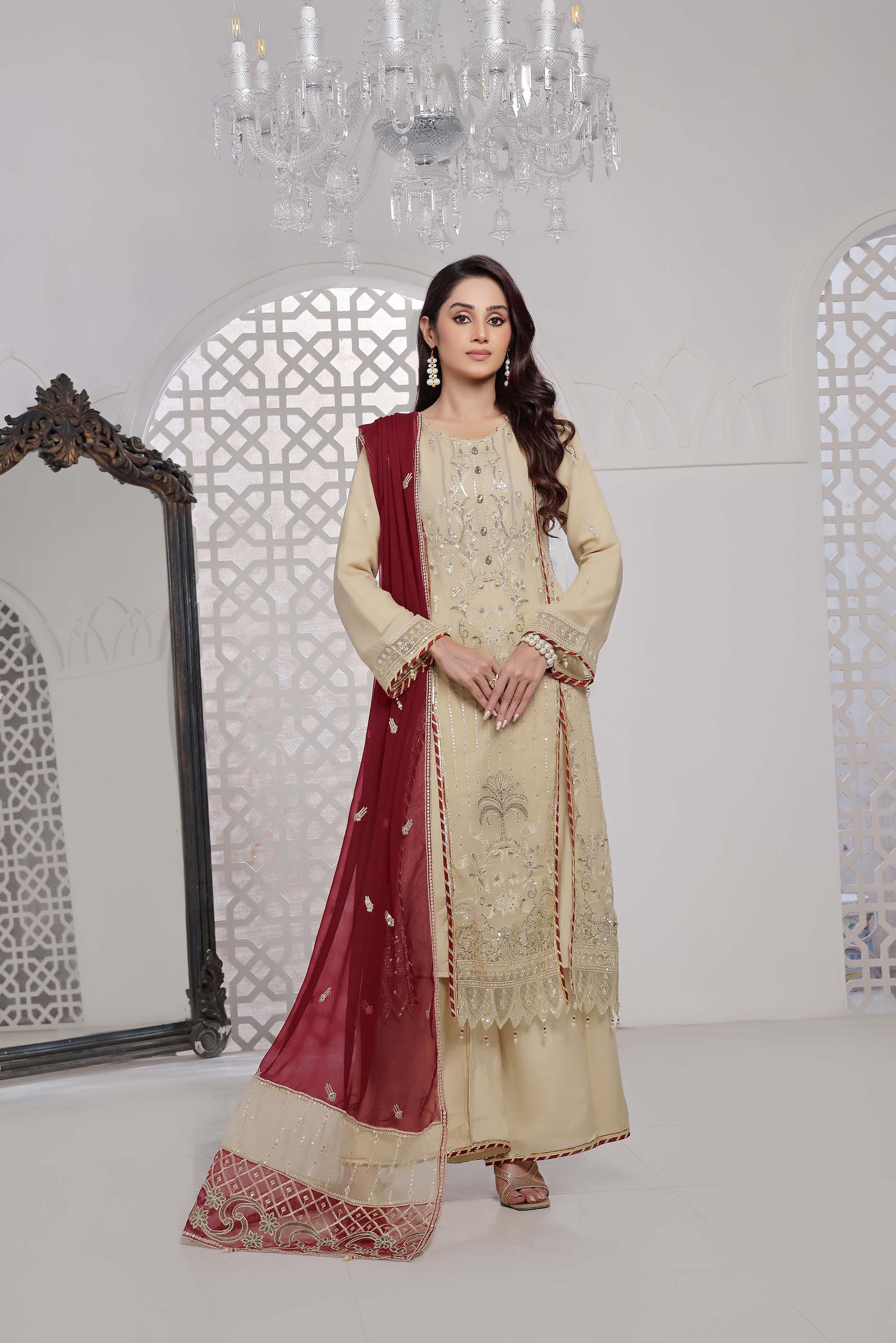 LA ROSE - Champagne Beige Embroidered Suit with Crimson Dupatta