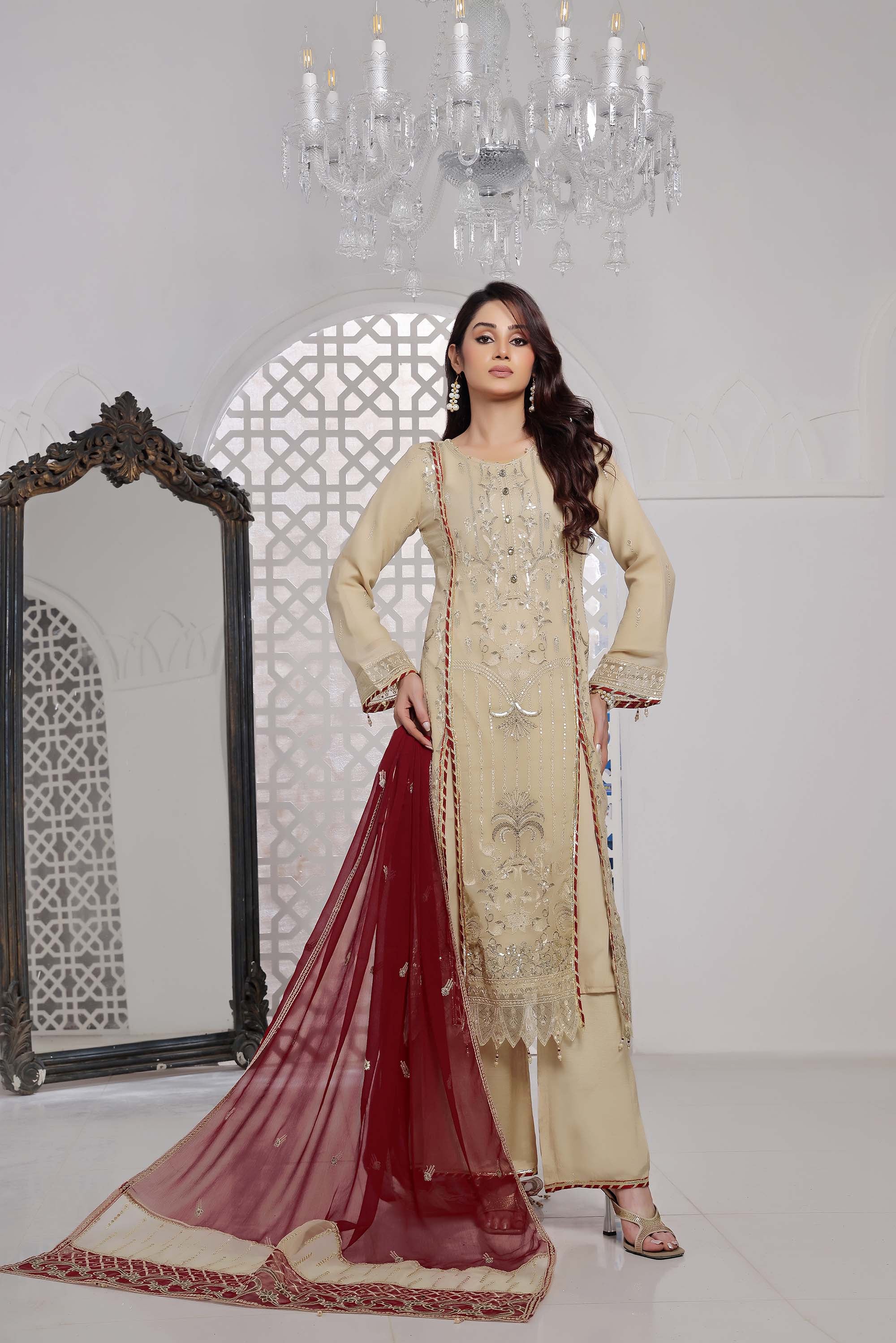 LA ROSE - Champagne Beige Embroidered Suit with Crimson Dupatta
