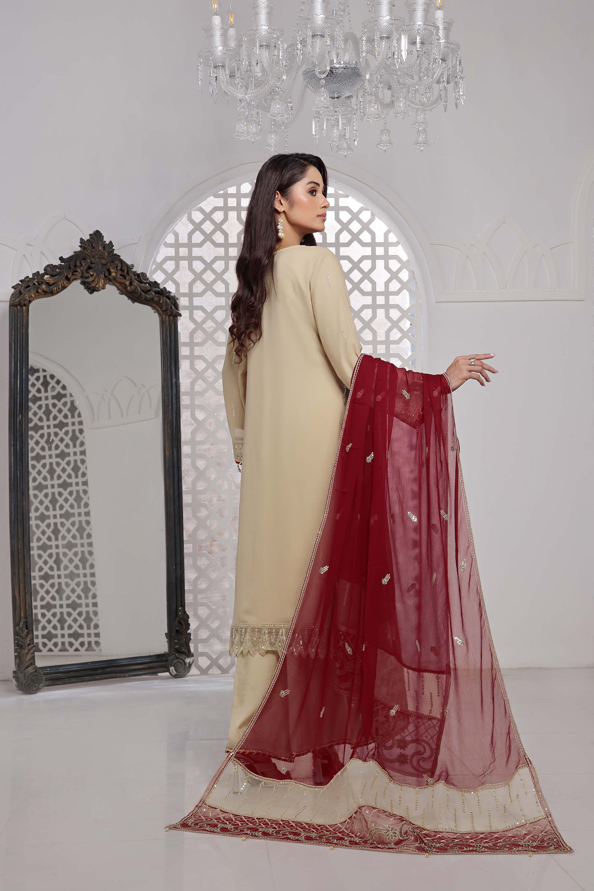 LA ROSE - Champagne Beige Embroidered Suit with Crimson Dupatta