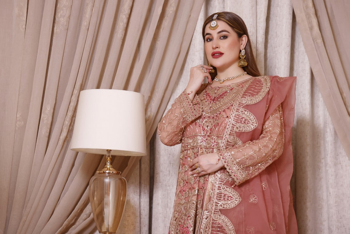 Coral Pink Net Frock with golden Embroidery.