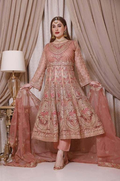 Coral Pink Net Frock with golden Embroidery.