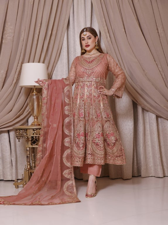 Coral Pink Net Frock with golden Embroidery.