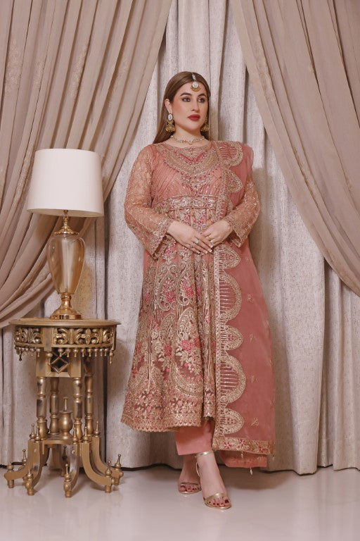 Coral Pink Net Frock with golden Embroidery.