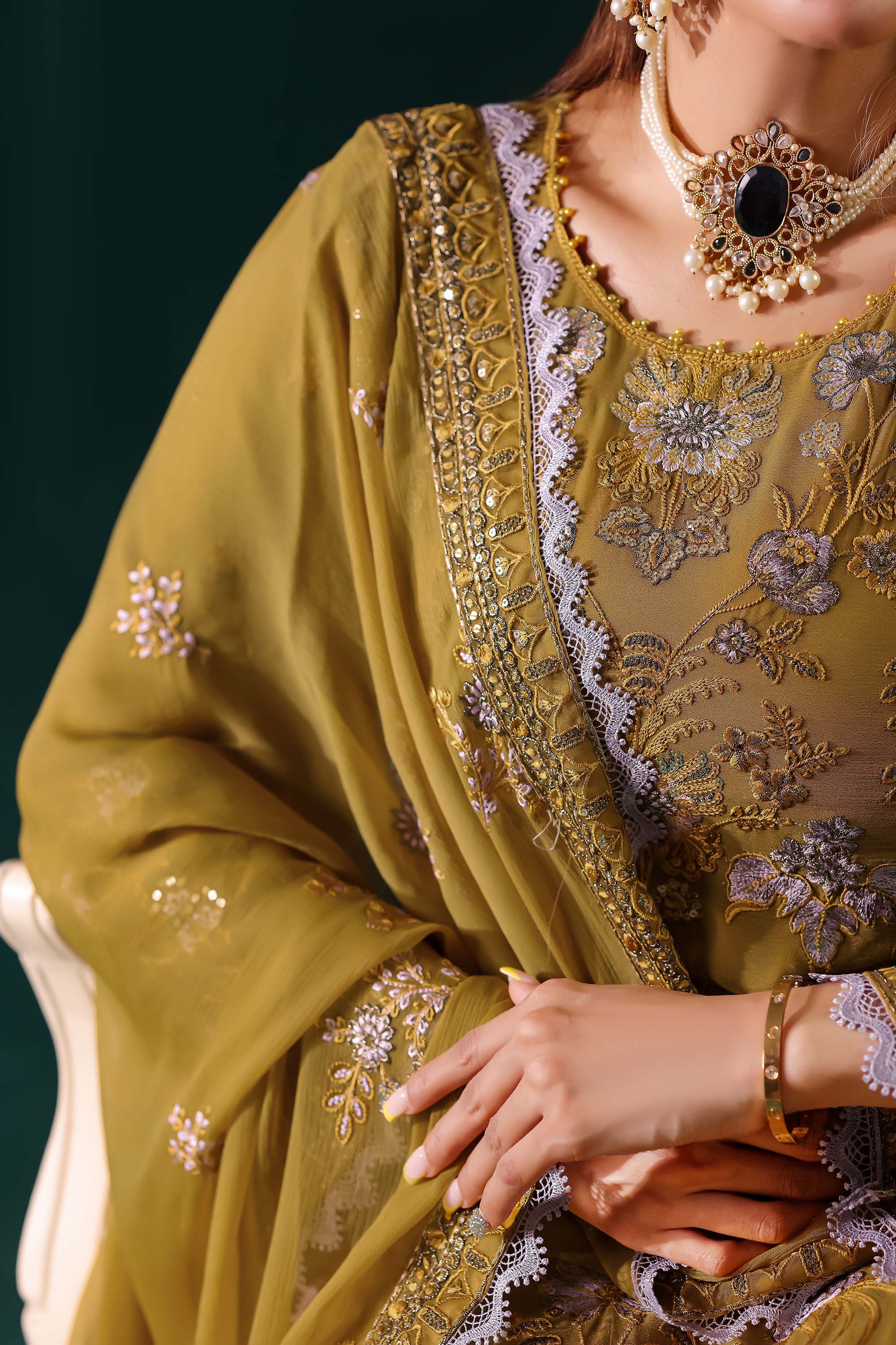 Naqsh: Golden Hour Glamour | Regal Olive Green Formal Suit with Scalloped Zari Work