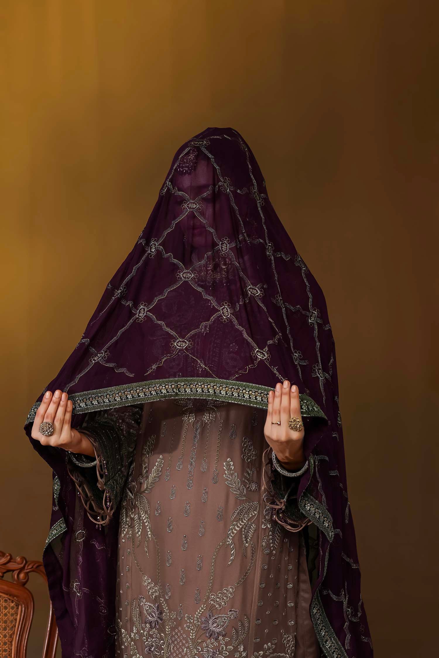 Taupe Formal Dress with Purple Dupatta | Mocha Radiance