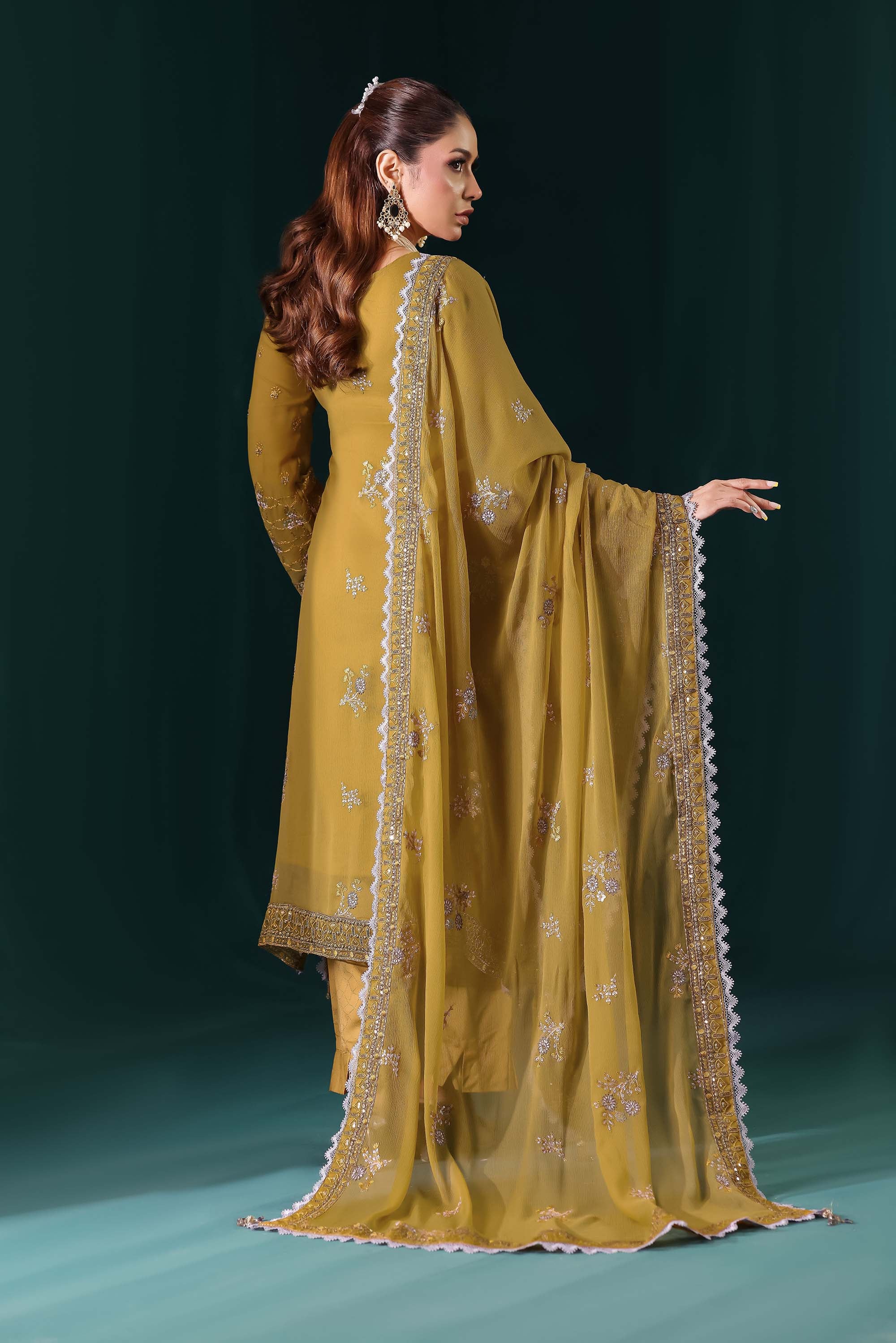 Naqsh: Golden Hour Glamour | Regal Olive Green Formal Suit with Scalloped Zari Work