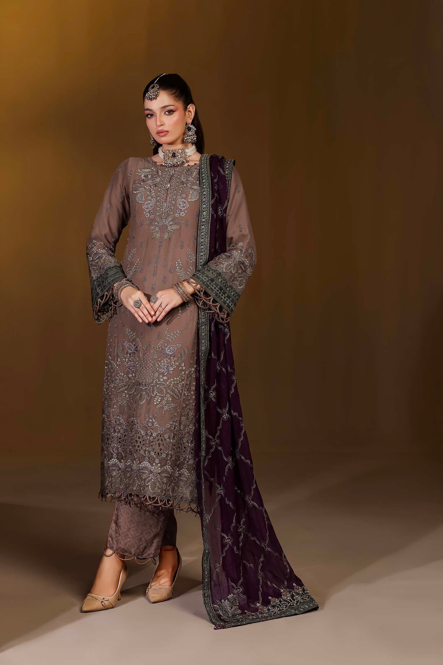 Taupe Formal Dress with Purple Dupatta | Mocha Radiance