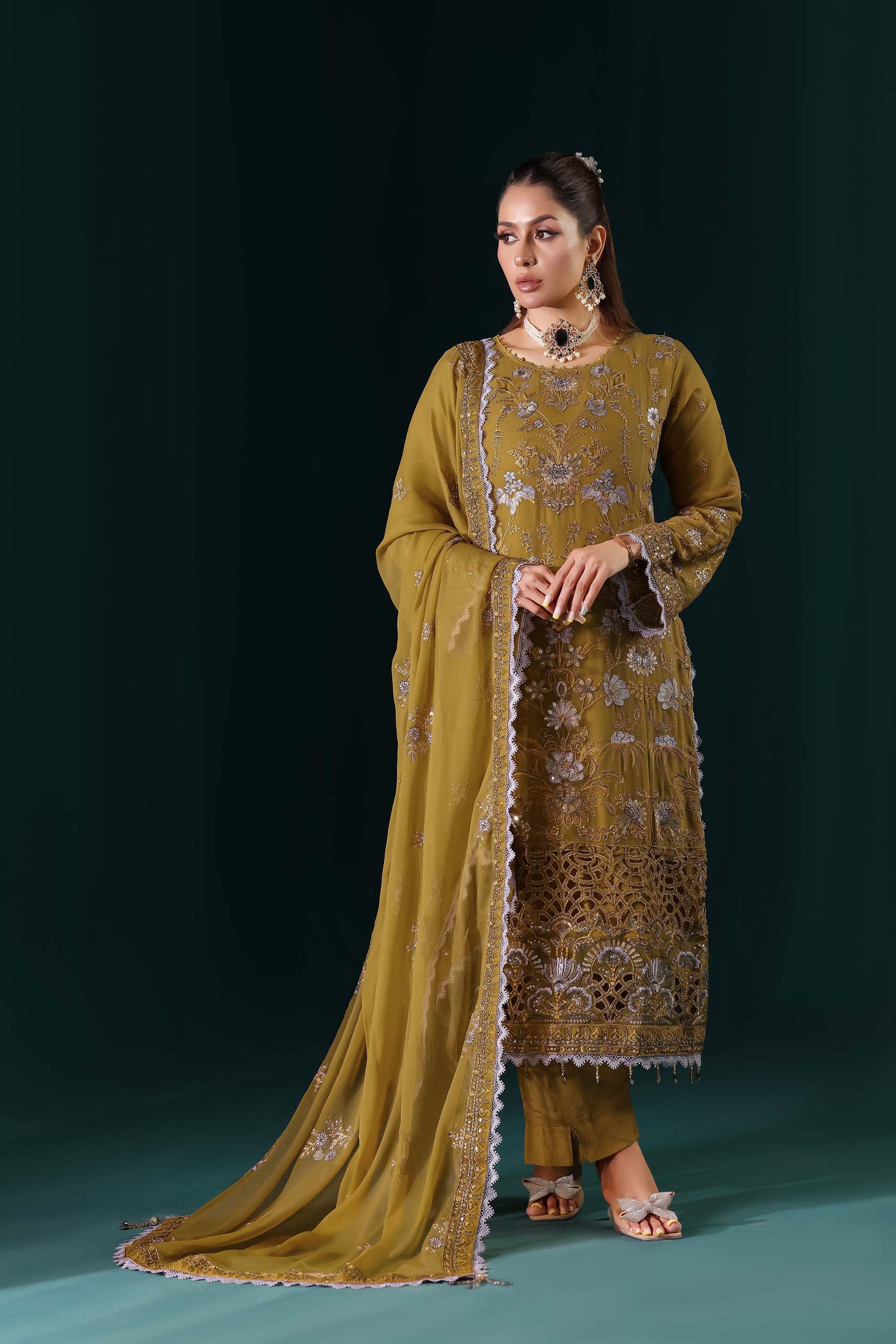 Naqsh: Golden Hour Glamour | Regal Olive Green Formal Suit with Scalloped Zari Work