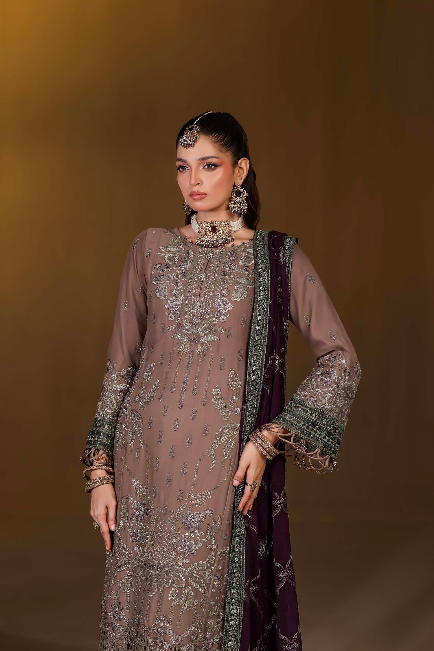 Taupe Formal Dress with Purple Dupatta | Mocha Radiance