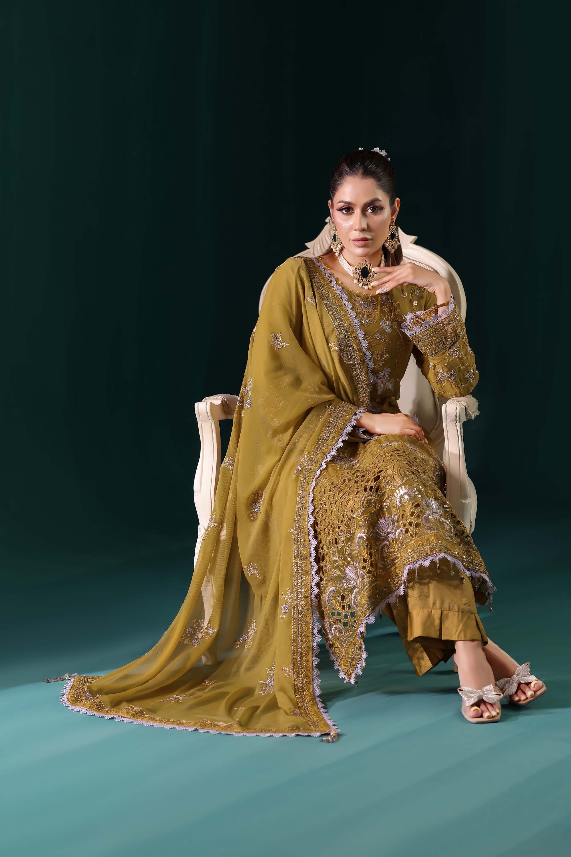 Naqsh: Golden Hour Glamour | Regal Olive Green Formal Suit with Scalloped Zari Work