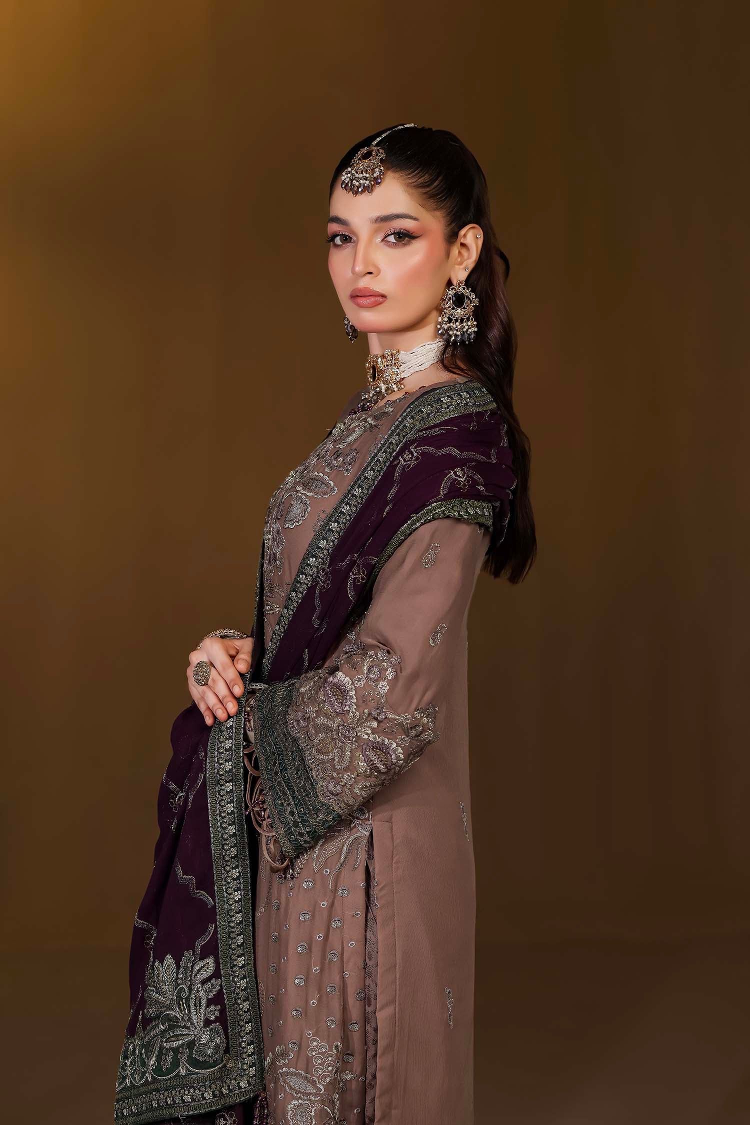 Taupe Formal Dress with Purple Dupatta | Mocha Radiance