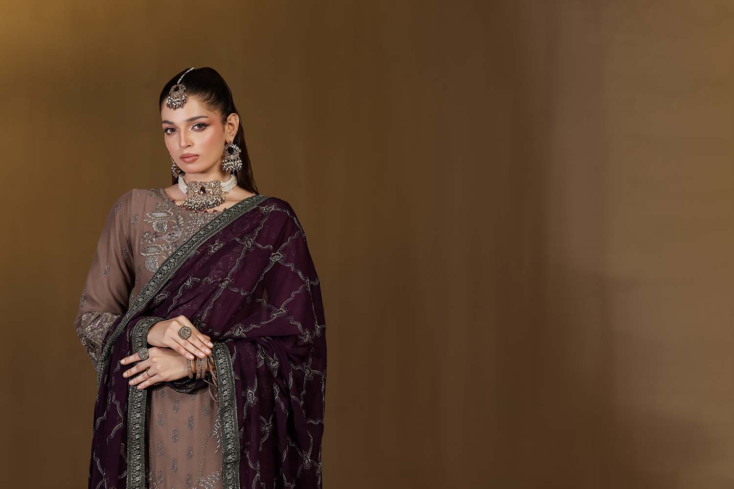 Taupe Formal Dress with Purple Dupatta | Mocha Radiance