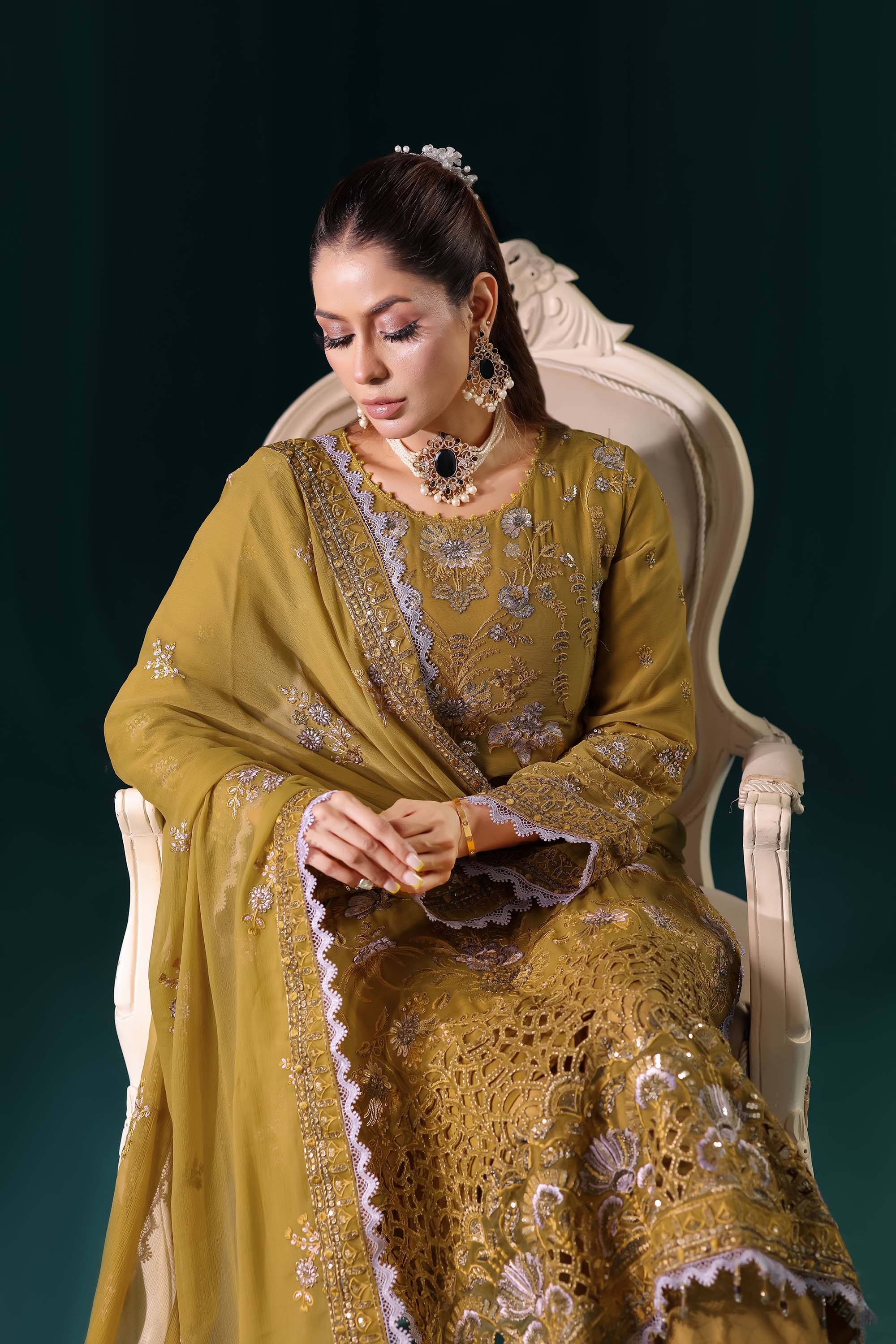 Naqsh: Golden Hour Glamour | Regal Olive Green Formal Suit with Scalloped Zari Work