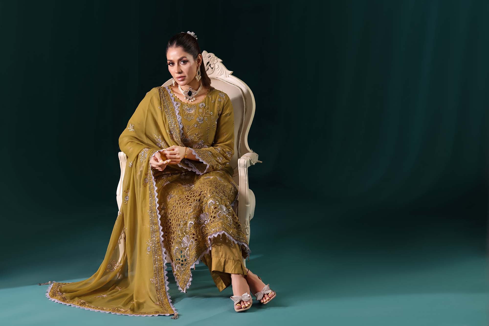 Naqsh: Golden Hour Glamour | Regal Olive Green Formal Suit with Scalloped Zari Work