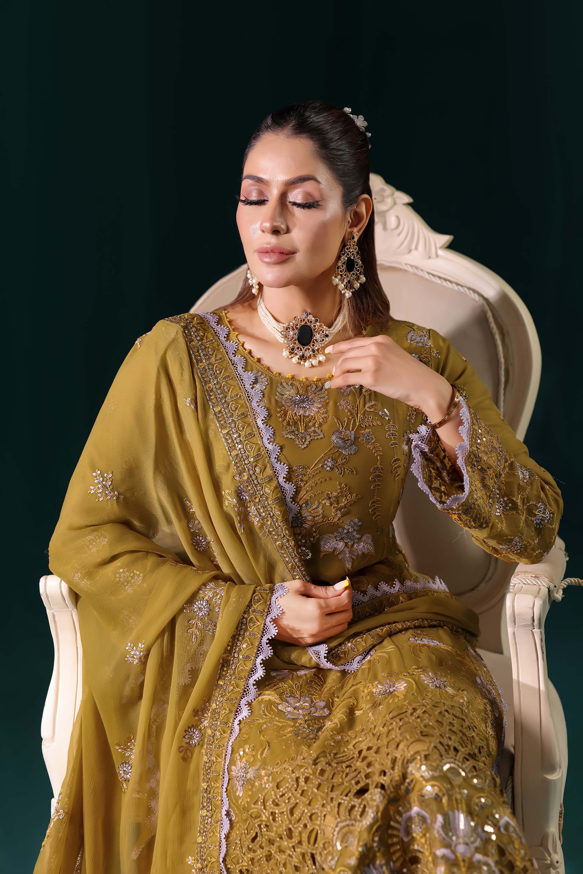 Naqsh: Golden Hour Glamour | Regal Olive Green Formal Suit with Scalloped Zari Work