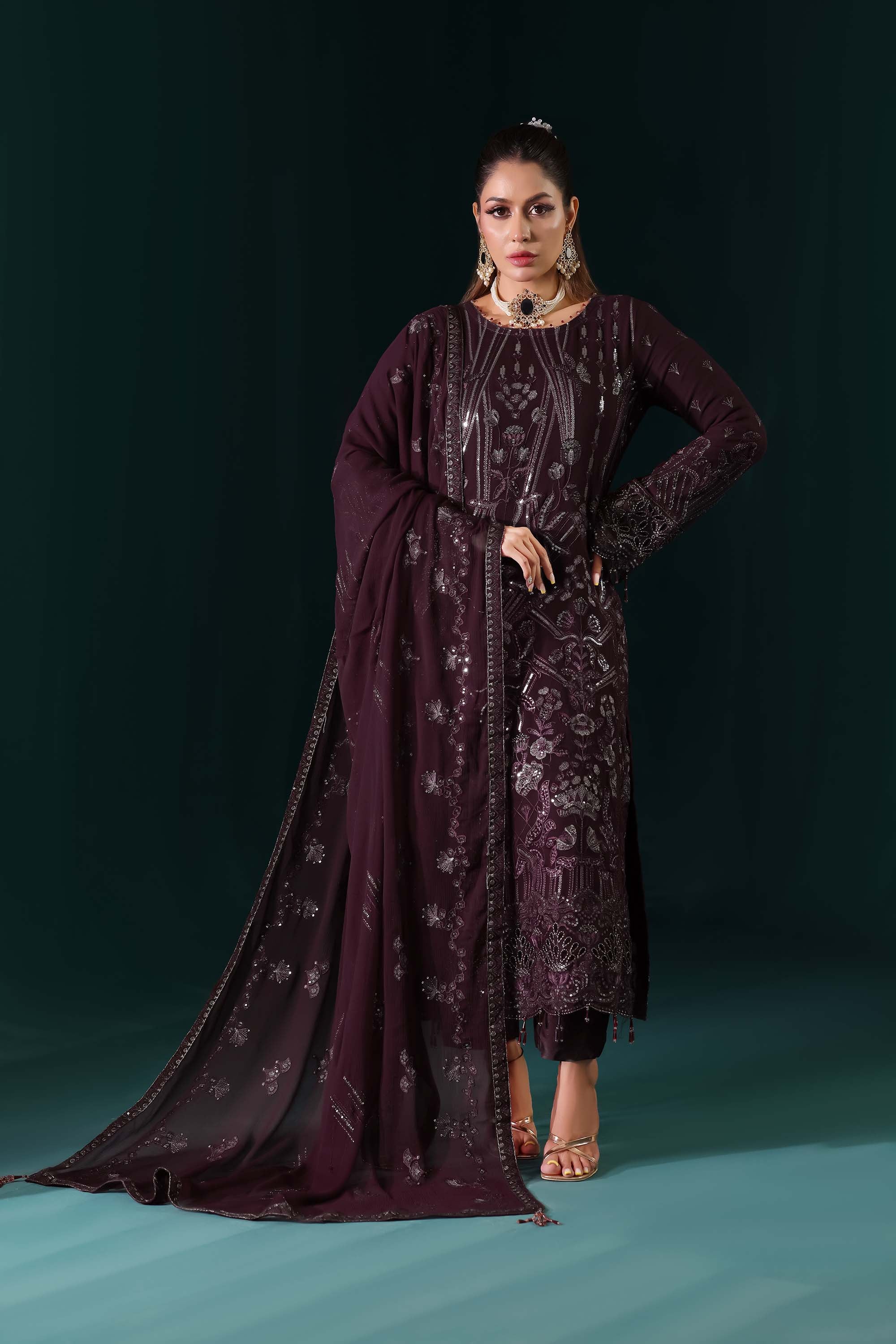 Naqsh: Midnight Elegance | Deep Plum Luxury Embroidered Formal Wear