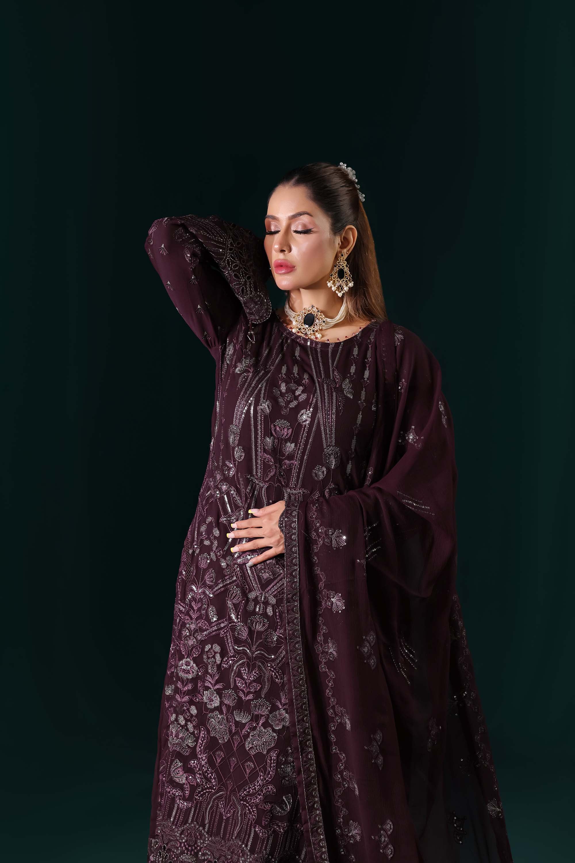 Naqsh: Midnight Elegance | Deep Plum Luxury Embroidered Formal Wear