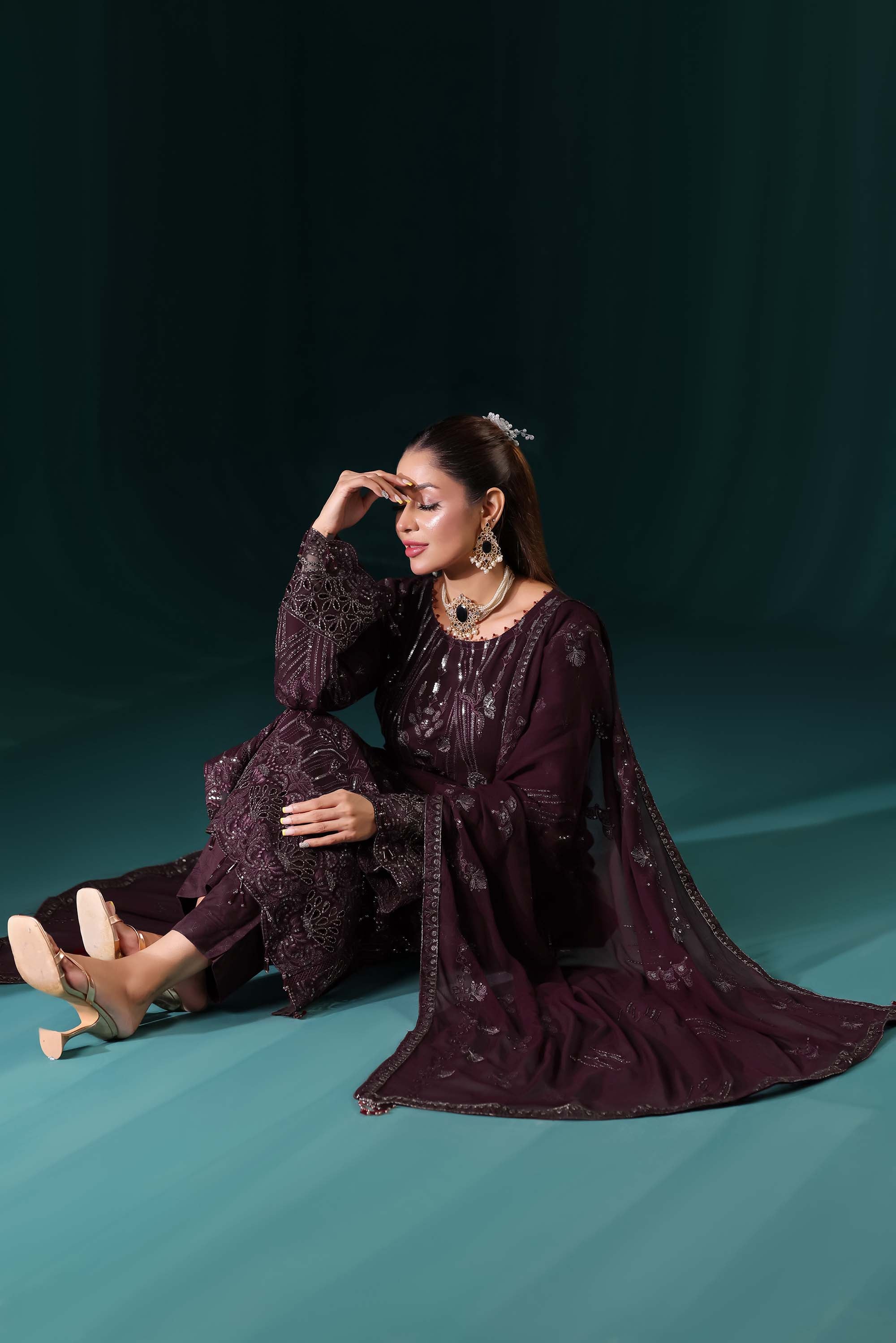Naqsh: Midnight Elegance | Deep Plum Luxury Embroidered Formal Wear