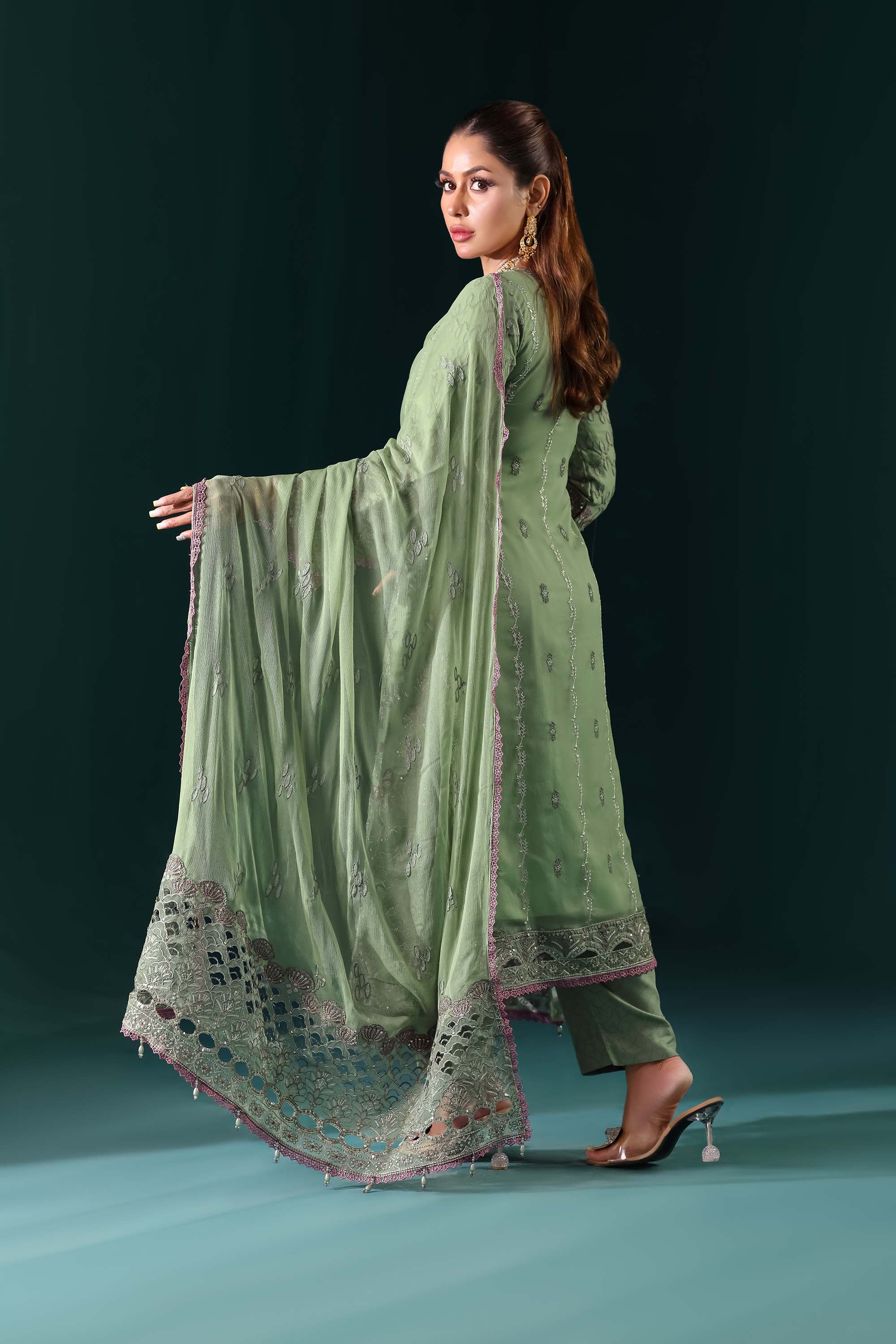 Naqsh: Pastel Pistachio Green Suit with Contrast Thread Accents