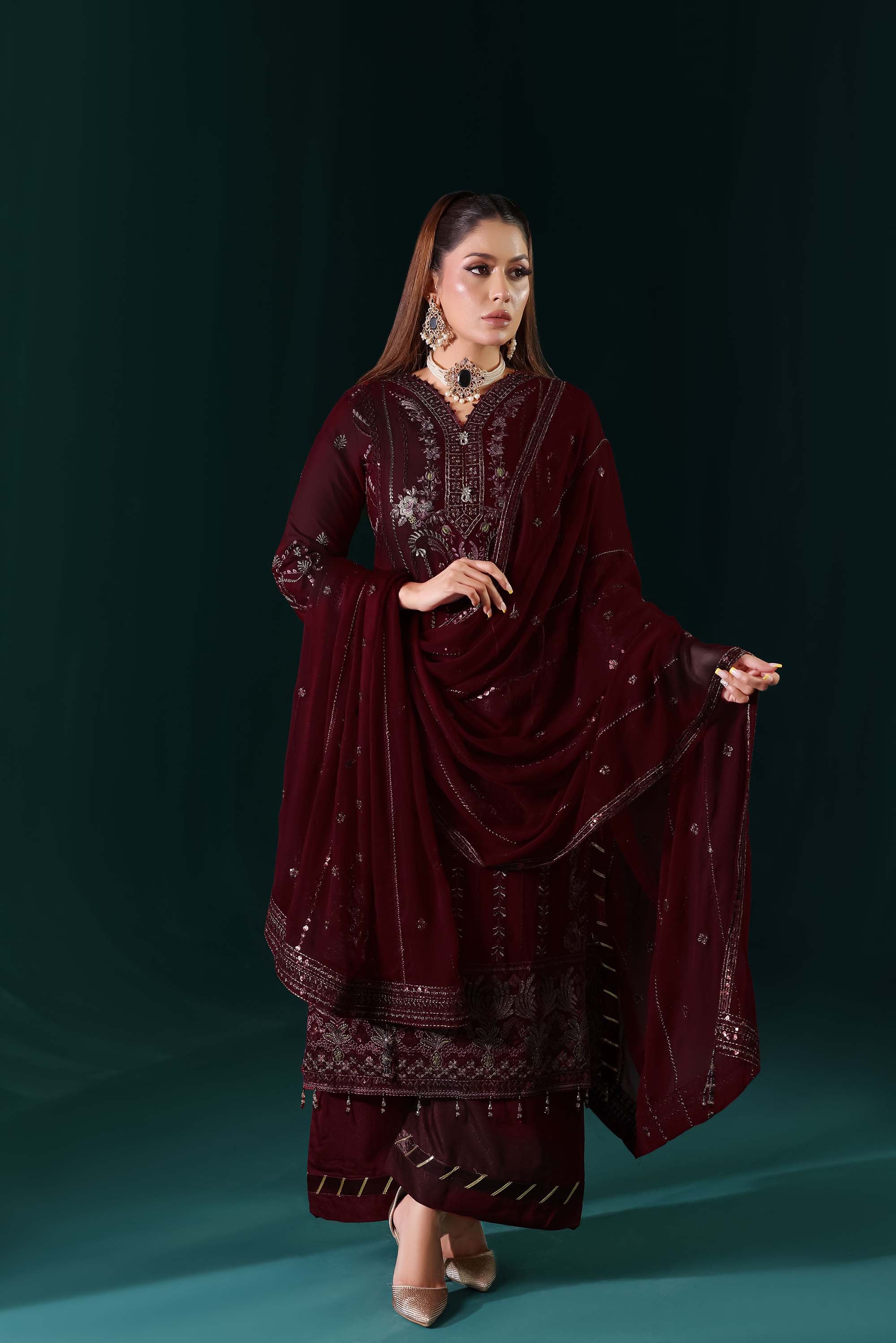 Naqsh: Timeless Rhapsody | Regal Wine Red Formal Wear with Traditional Detailing