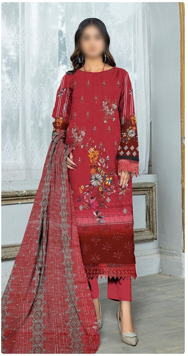 Gul-E-Arzoo 3pcs Lawn unstitched suits (Maroon)