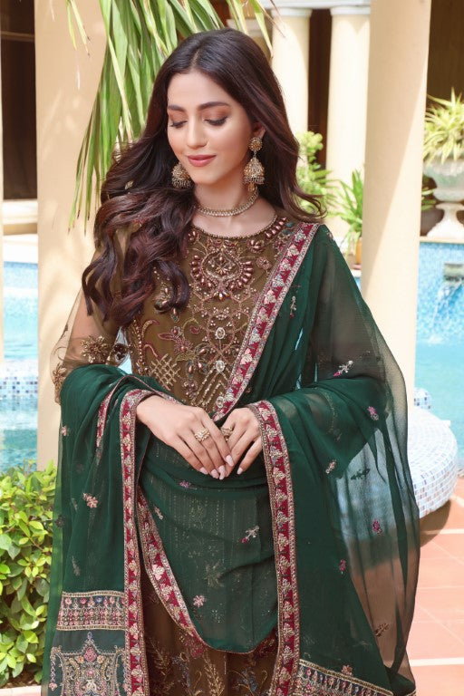 Coffee brown Chiffon heavy frock green heavy chiffon dupatta